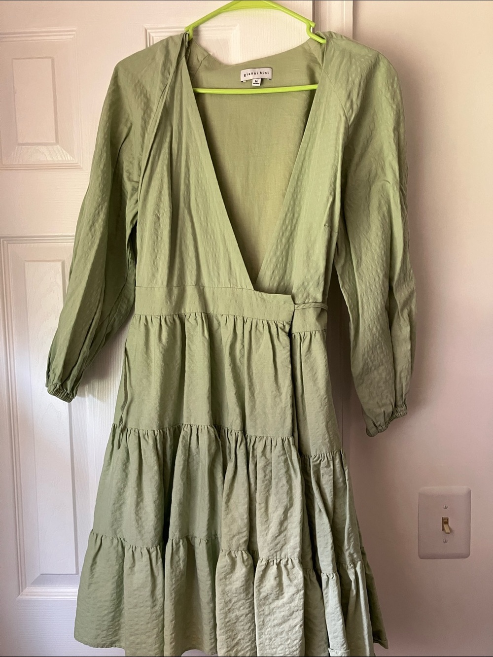 Gianni Bini Sage Green Tiered V-Neck Midi Wrap Dress